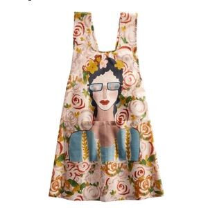 NWOT Multicolored Whimsical Lady Smock. Linen and cotton blend. Handpainted look